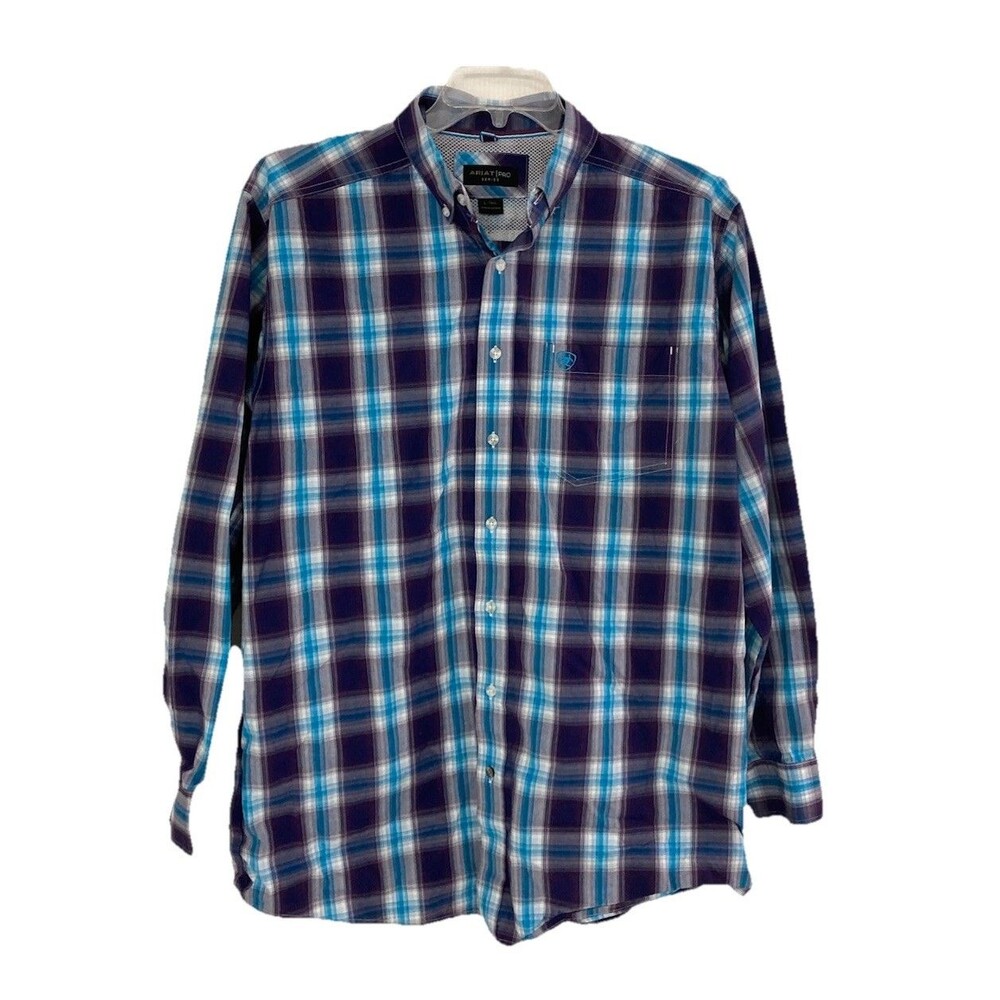 Men's Ariat Pro Series Santos Classic Fit Shirt Plaid L/S Purple Blue Size LT